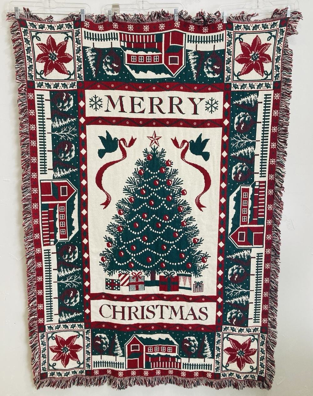 Holiday Tapestry Throw Blanket Merry Christmas Tree Gifts Fringe Thick Red Green